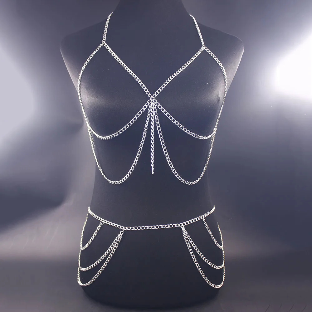 Fashion Simple Metal Bra and Waist Chain Set Lingerie Womens Decorations Underwear Festival Bodies Chain Jewelry Harness 241225