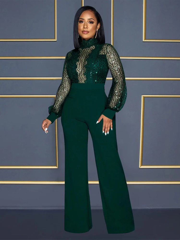 Solid Color High Necked Elegant Long Jumpsuit Women Sleeve Full Body Sexy Mesh Perspective Lace Up Female 241225
