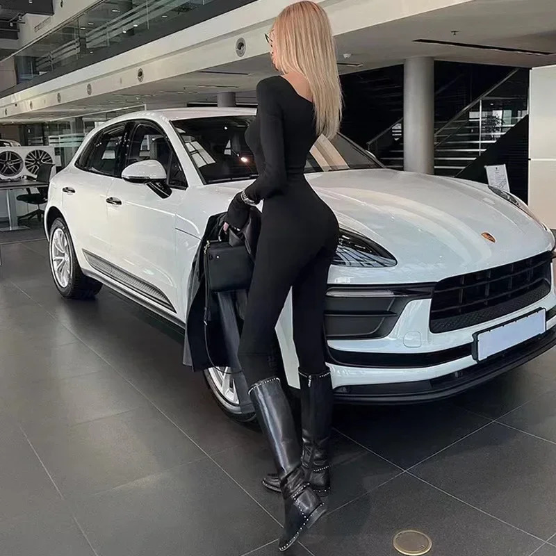 Black Long Sleeve With Gloves Zipper Jumpsuit For Women Bodycon Sexy Skinny Outfit Rompers Streetwear Spring Summer 241225