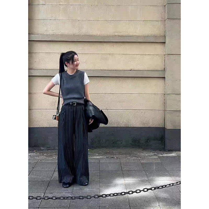 2024 Autumn New Korean Vintage Lady Black Striped Wide Leg Pant For Women High Waist Y2k Straight Loose Female Clothing Fashion