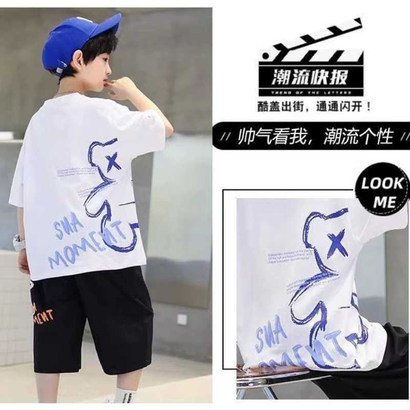 Clothing Sets Childrens boutique clothing boys summer cartoon bear T-shirt loose shorts 2-piece set boys letter dress casual setY241225NHQ6