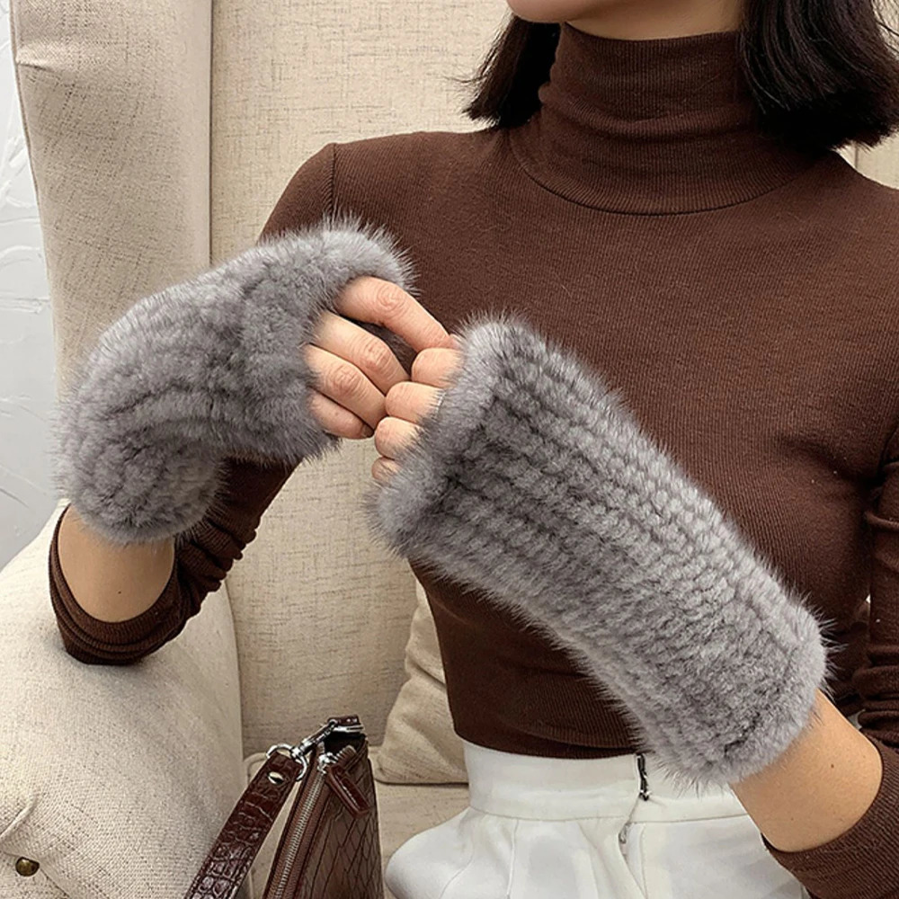Women Genuine Knitted Mink Fur Mittens Winter Warm Lady Real Fur Fingerless Gloves Handmade Knit Mink Fur Mitten 241225ww12
