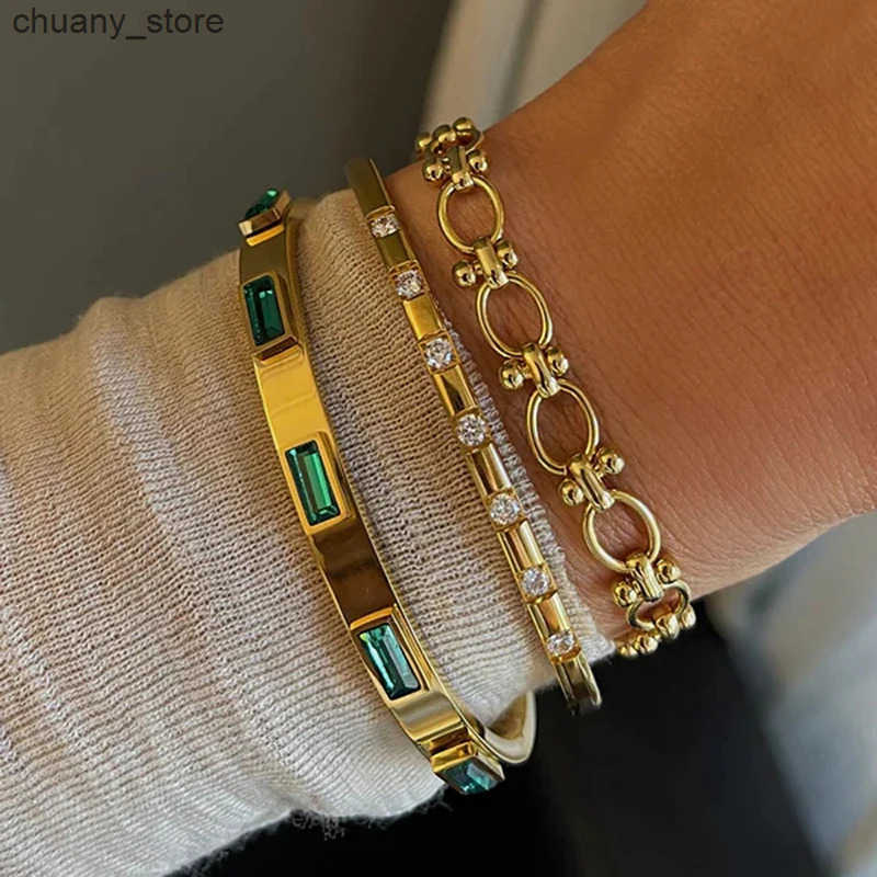 Chain Ins Style Stainless Steel Jewelry Inlaid Cubic Zircon Bangles for Women Waterproof Trendy Christmas Gift L240910