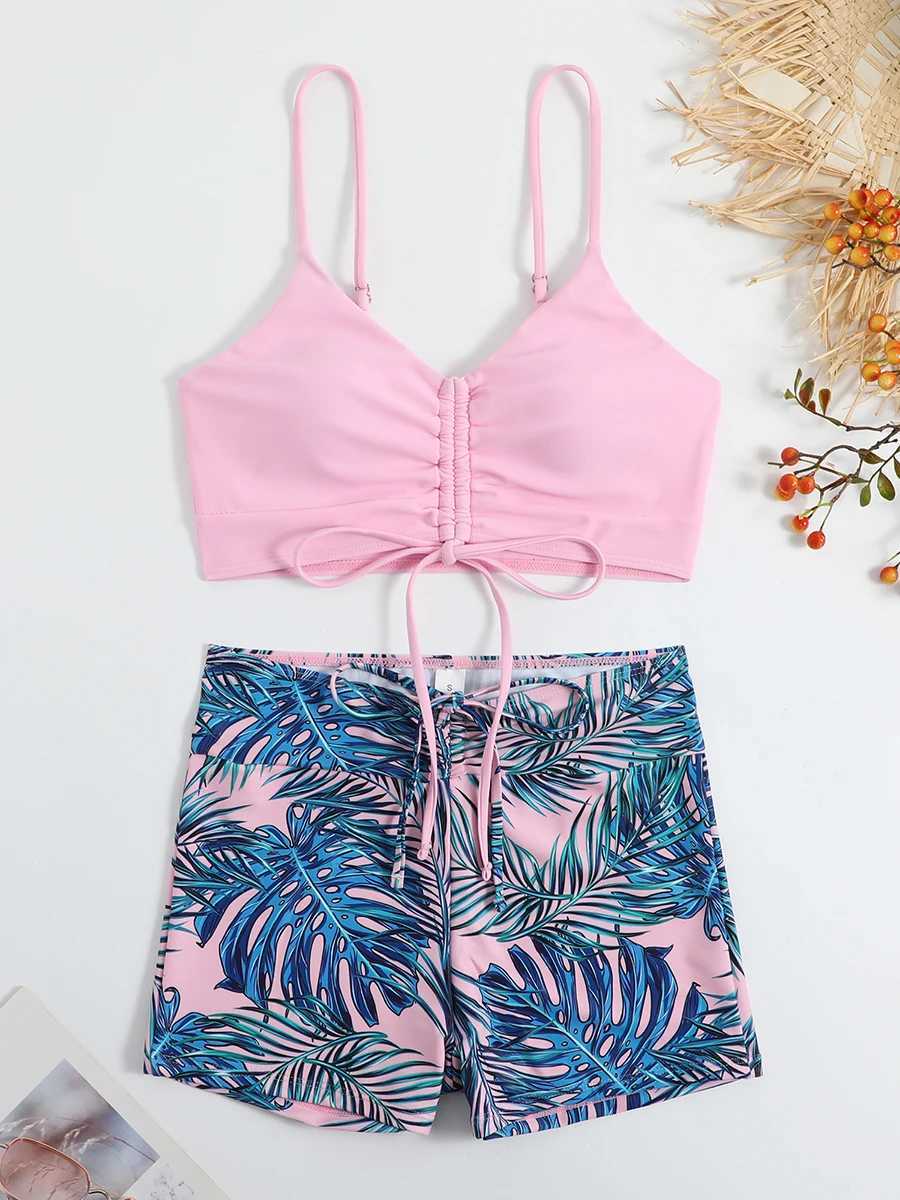Tropical Print Drawstring Bikini 2024 Women High Waist Swimsuit Tie Front Shorts Swimwear Female Bathing Suit Swimming SummerW250214