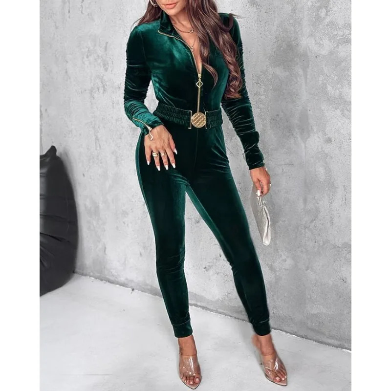 Mandylandy Sexy Bodycon Jumpsuits Women Velvet Zipper n Sheath Ruched Long Sleeve Jumpsuit with Elastic Waistbelt 241225