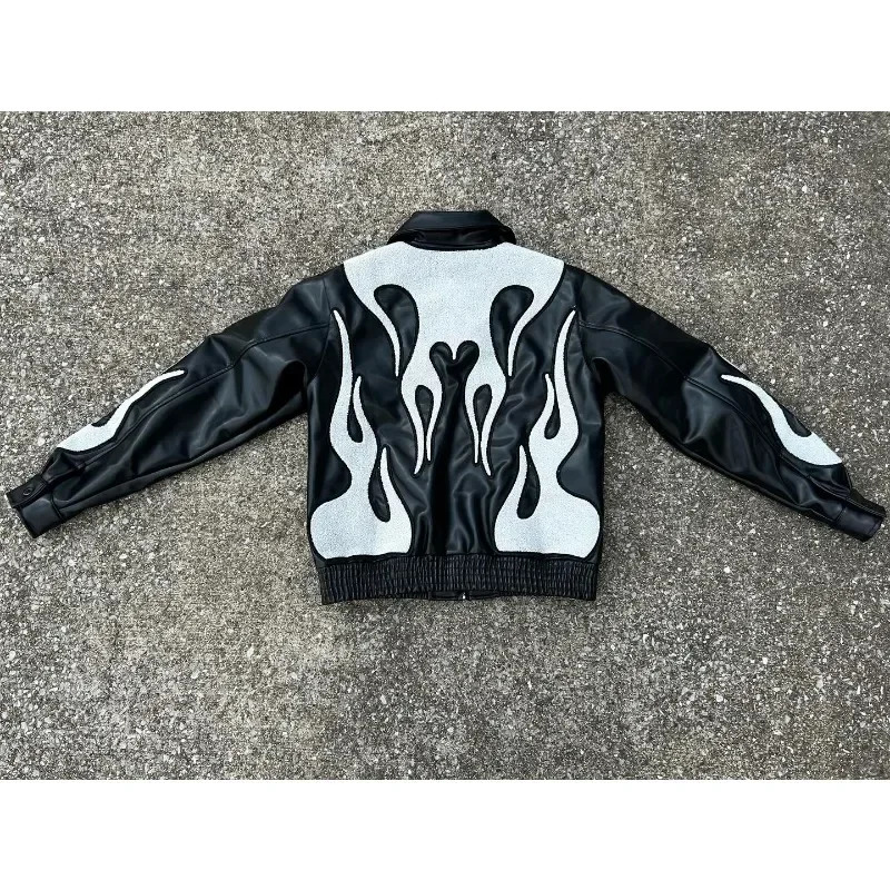 American Fashion PU Leather Flame Racing Element Embroidery Zipper Jacket Mens Y2k Autumn Winter Couple Coat 241225