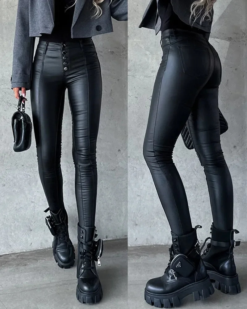 Autumn Fashion Pant PU Long High Waist Tight Casual Leather Trend Nightclub Style Versatile Womens Bottoms 241223