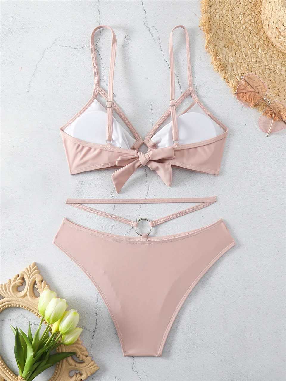Buckle bikini 2024 womens shoulder strap swimsuit womens sexy solid swimsuit summer beachwear womens bath swimsuitW241225