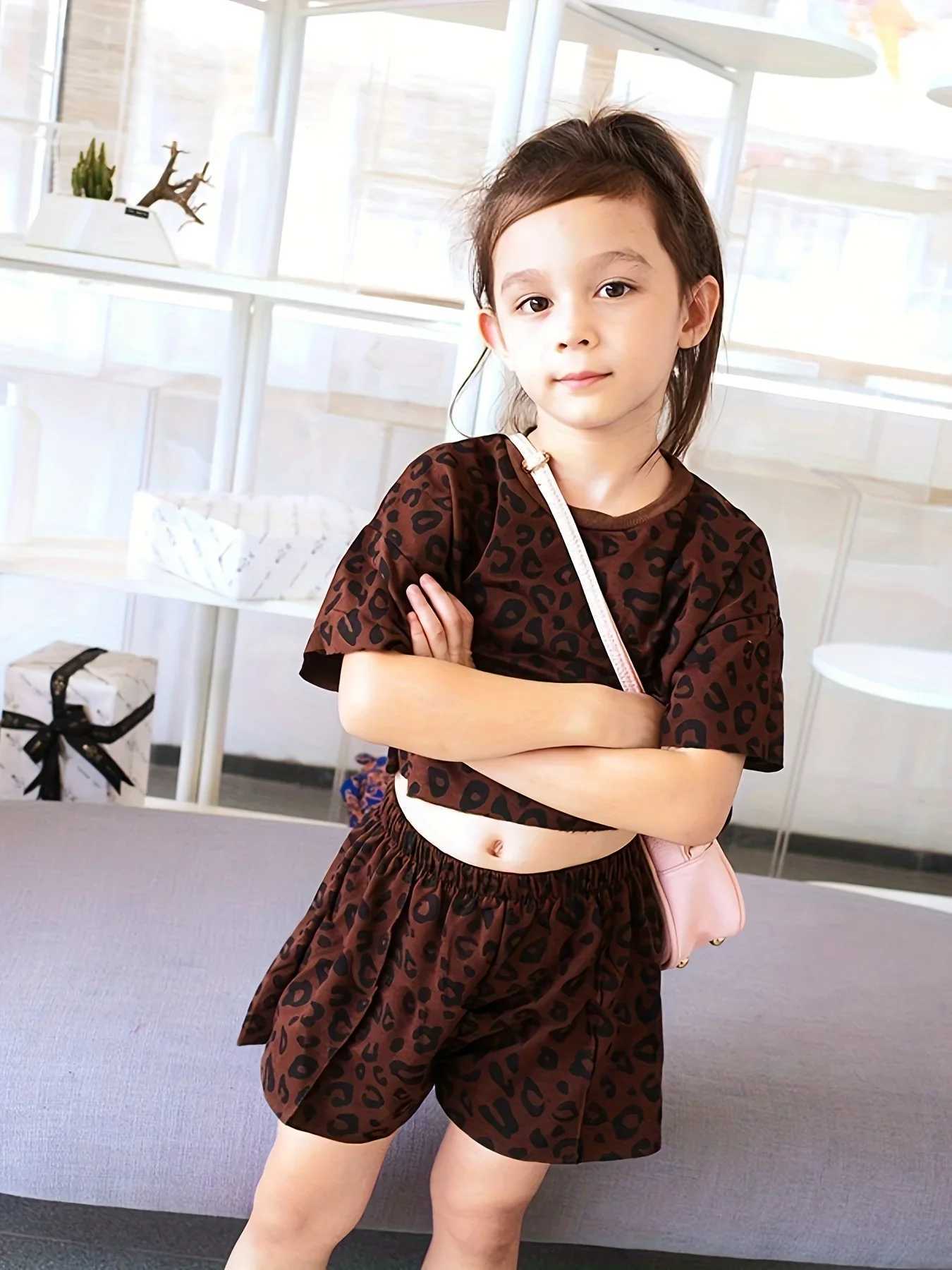 Clothing Sets Summer Baby Girl Clothes Set Kid Leopard Print Tshirts and Shorts 2 Pieces Suit Children Fashiomn Top Bottom Outfits TracksuitsY241225GZ