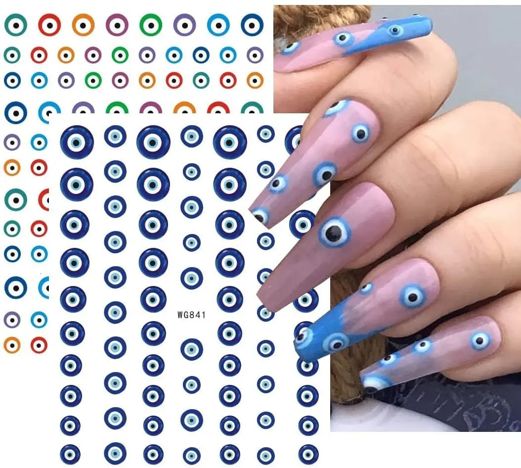 Evil Eyes Nail Art Stickers Decals 7 Sheets 3D Self Adhesive Turkish Blue Eye Khamsah Hand of Fatima Cartoon n Manicure 241225
