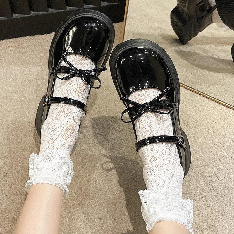 Black Chunky Platform Mary Jane Shoes for Women Autumn Patent Leather Pumps Woman Thick Bottom Bowknot Lolita Shoes Ladies 241225