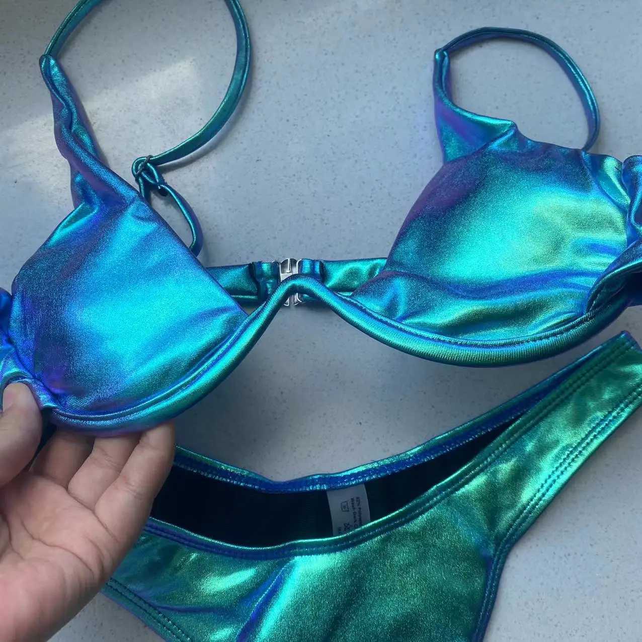 Sexy triangle bikini 2022 holographic blue push up extreme thong swimsuit Brazilian bandage swimsuit mini bikini swimsuitW241225