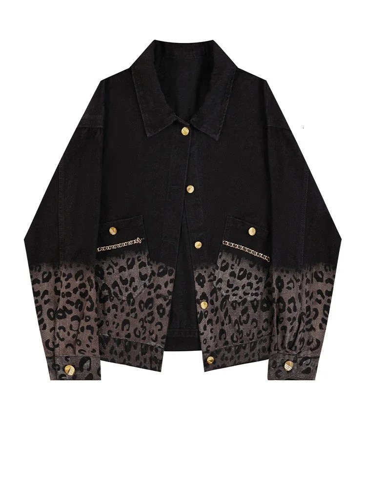 Gradient leopard print denim jacket for women in spring and autumn loose and casual n short jacket trendy top 241223