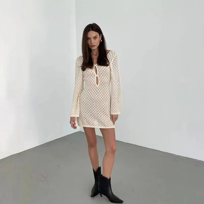 Solid Sey Women Long Knit Beach Dress Hollow-Out Deep V-Neck Long Sleeve Bikini Cover-Ups Dress Fall Backless Holiday Dress 241217