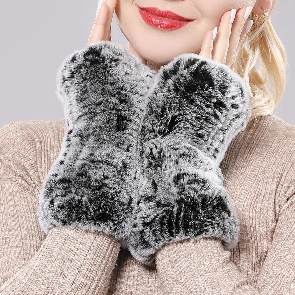 Women 100% Real Genuine Knitted Rex Rabbit Fur Mittens Winter Warm Lady Real Fur Fingerless Gloves Handmade Knit Fur Mitten 241225