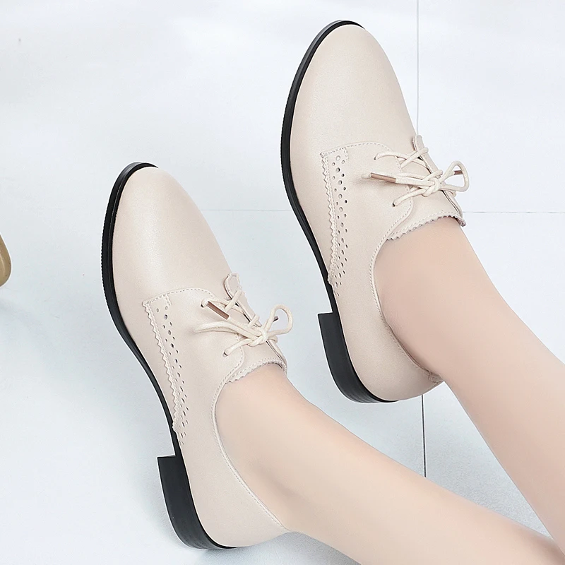AIYUQI Women Autumn Shoes Genuine Leather Mid Heel British Style Women Loafers Large Size Lace-up Women Shoes