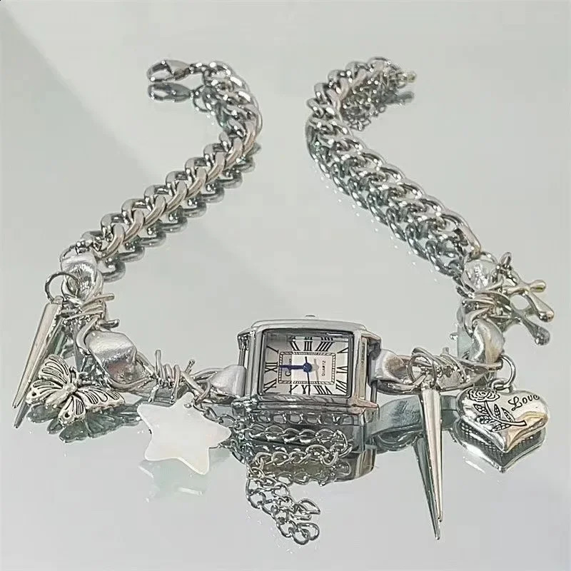 Y2K Cyberpunk Leather Watch Pendant Stainless Steel Necklace Butterfly Star Charm Necklace 241223