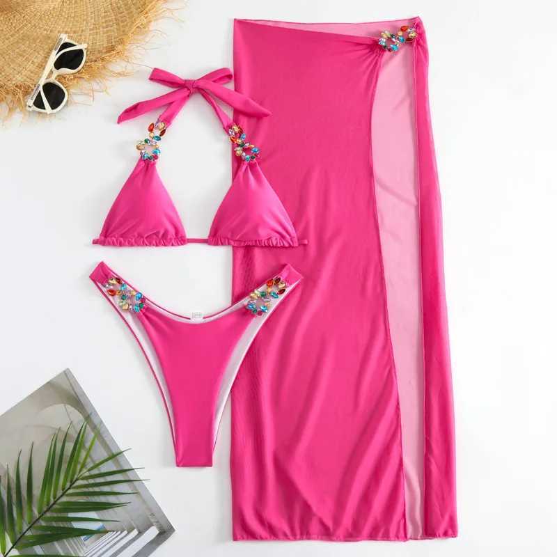 Yellow sexy rhinestone bikini 2025 womens swimsuit womens swimsuit Brazilian bikini set beachwearW241225