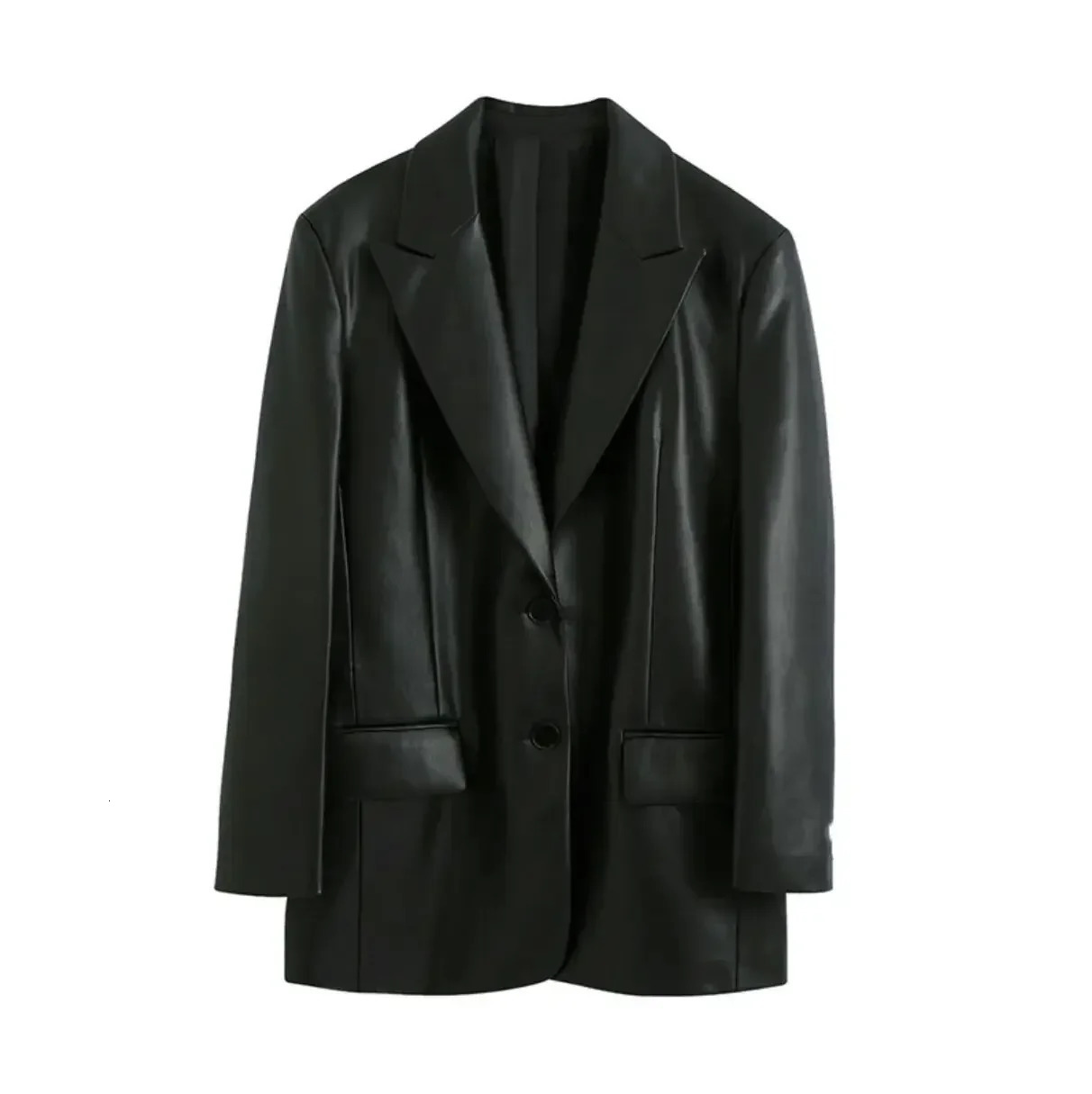Womens Solid Color Suit Collar Pocket Fashion Casual PU Leather Jacket Blazer Coat Black 241225