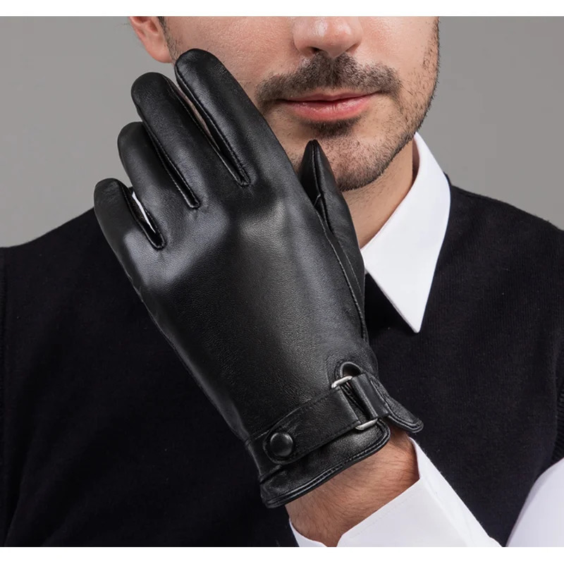 Winter Genuine Sheepskin Leather Gloves Men Warm velvet lined Full Finger Touchscreen Outdoor Cycling Driving Motorcycle Gloves 241225