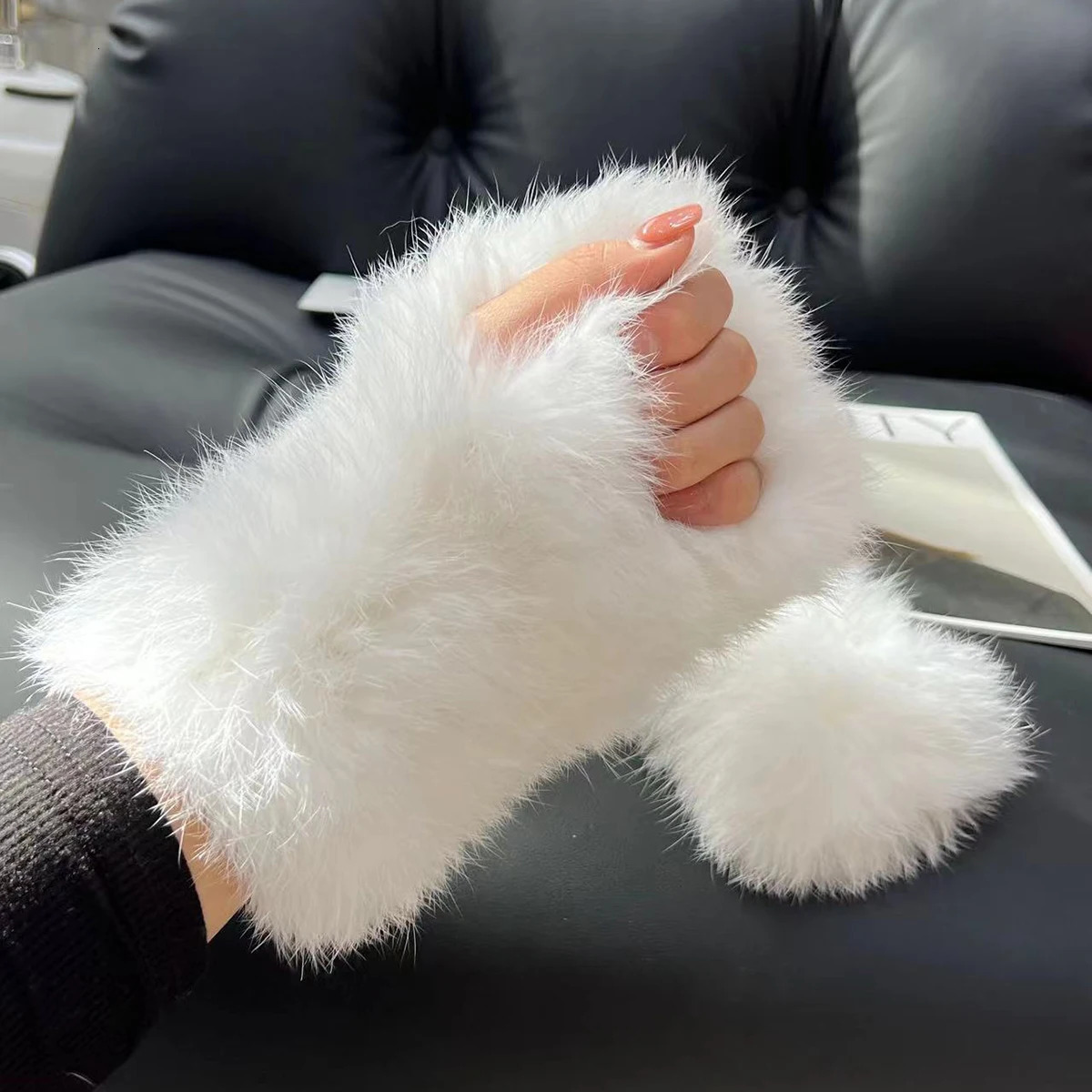 2024 Women Knit Fur Mitten Girls 100% Real Genuine Knitted Rabbit Fur Mittens Winter Warm Real Natural Fur Fingerless Gloves 241225