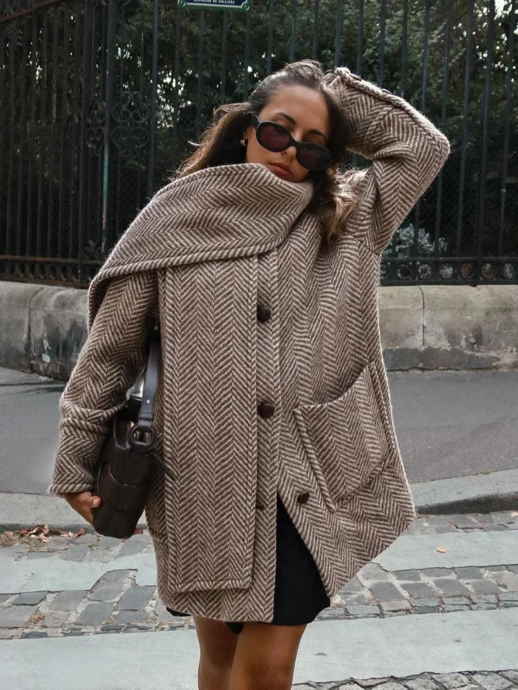 Women Elegant Scarf Collar Stripe Jacket Chic Long Sleeve Button Pocket Loose Short Thick Coat Winter Lady Commute Outwear 241224