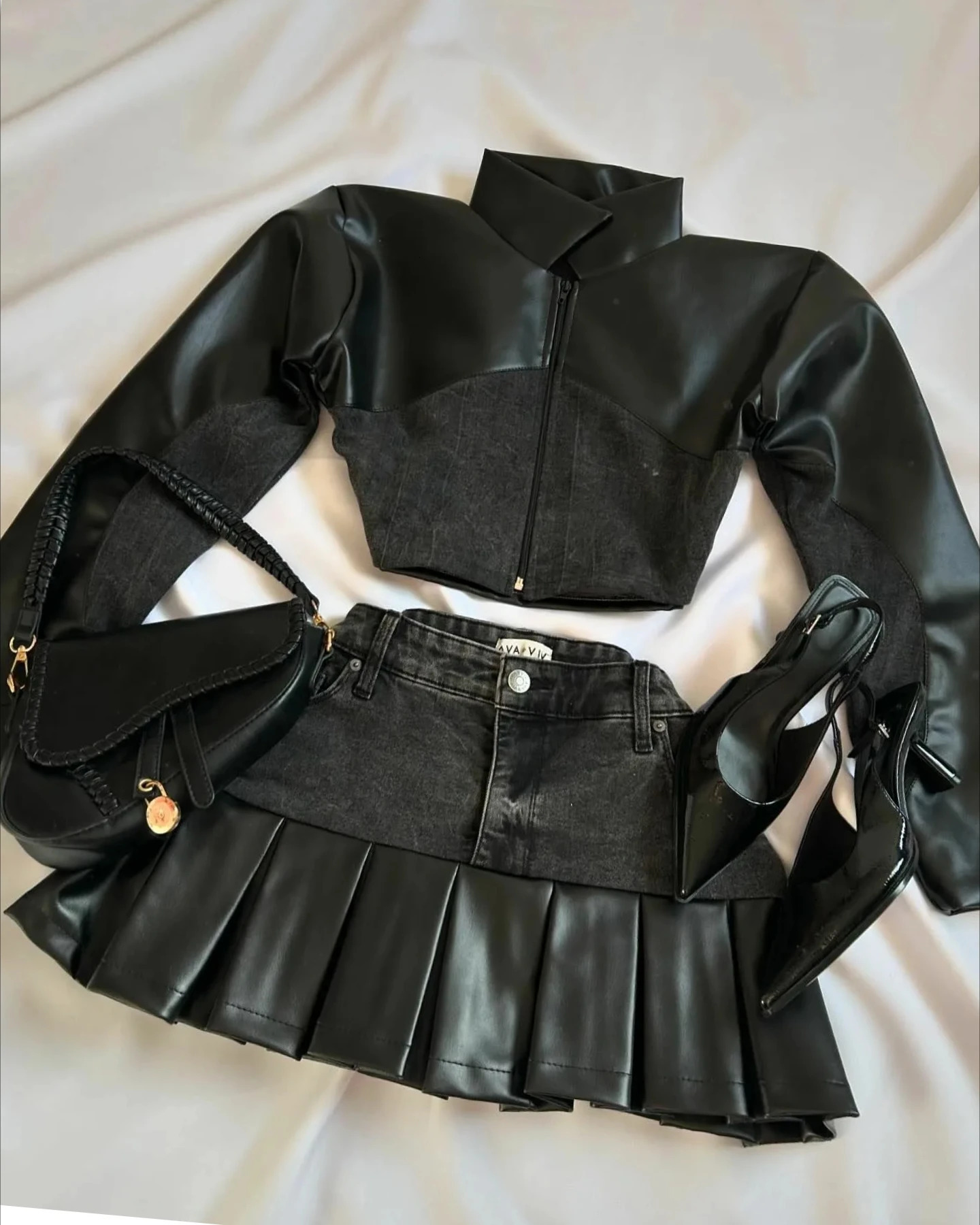 Y2K denim patchwork leather black ski suit Harajuku ultra-thin pleated skiing Gothic zipper long sleeved jacket autumn two-piece set 241223