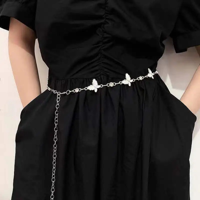 Butterfly Womens Waist Chain Belts Thin Belt Waist Silver Belts for Dress Fringes Decoration Waistbands Body Jewelry 241225