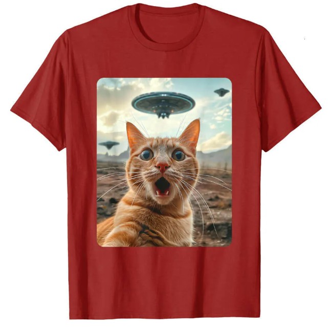 Designer Men's & Women's Cat and UFO Encounter T-Shirts - Casual Cotton Tees
