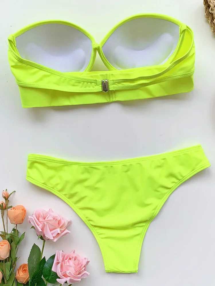Neon green push up bra cup bikini womens Bandeau swimsuit womens swimsuit two-piece bikini set Brazilian swimsuitW241225