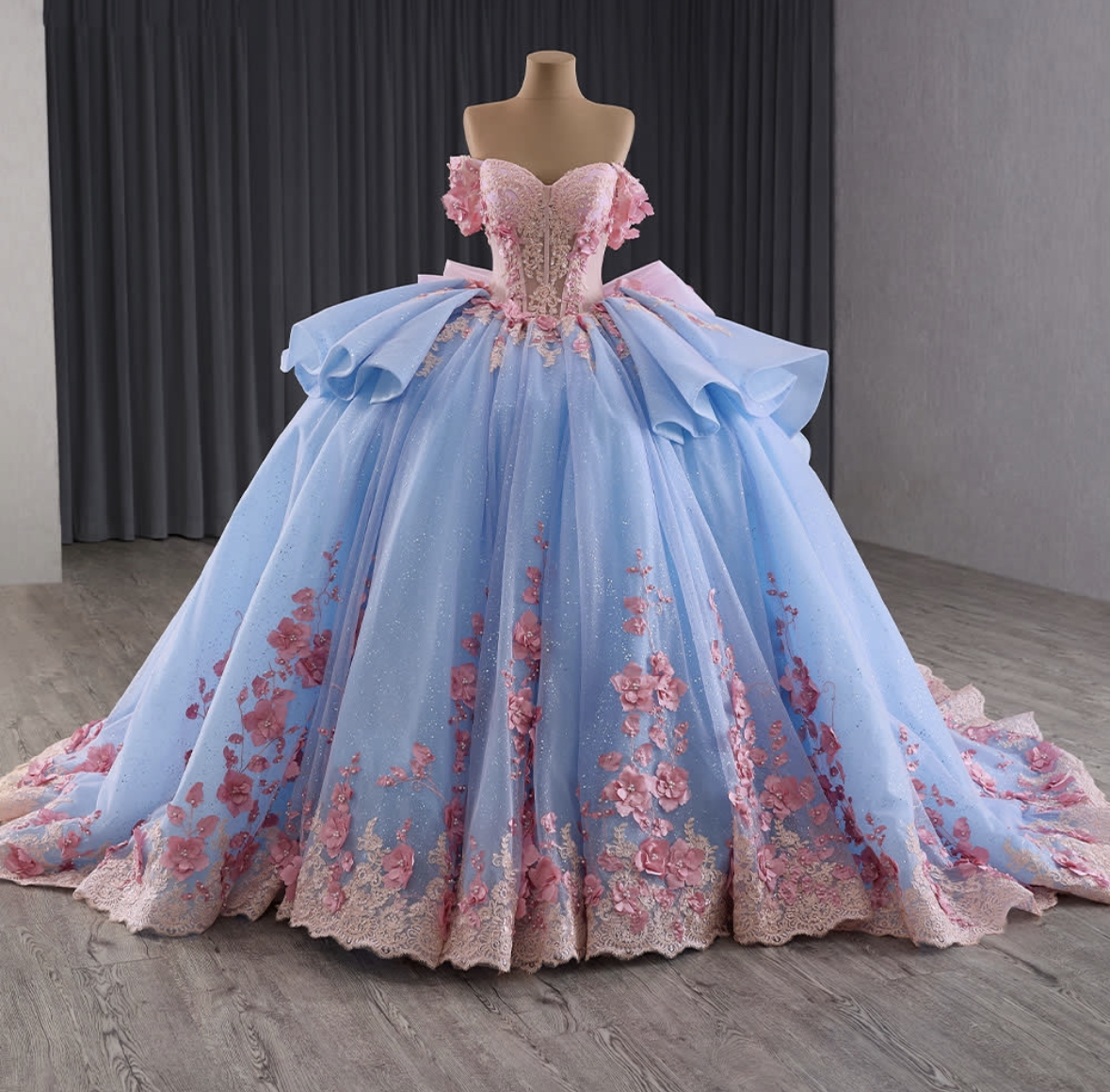 Luxurious Pink Quinceanera Dresses With 3D Floral Appliques Lace Off Shoulder Princess Prom Birthday Ball Gown Pearls Beaded Flowers Sweet 16 Dress Bo