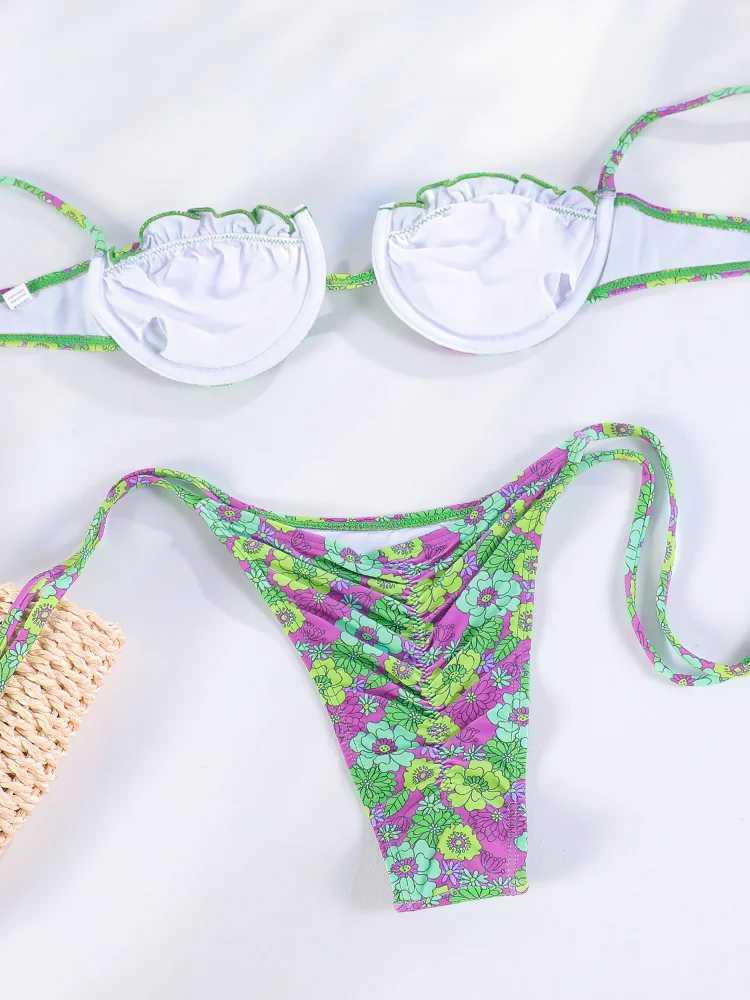 Sexy bikini cup swimsuit print Biquinis Feminino swimsuit bow bikini set mini swimsuit womens beach wear summerW241225