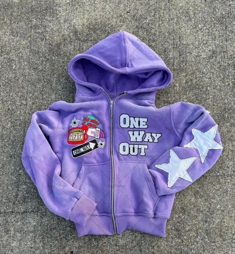American Harajuku Retro Y2K Star Embroidered Oversized Zipper Hoodie Men Street Hiphop Fashion Versatile Casual Sweatshirt Women 241224
