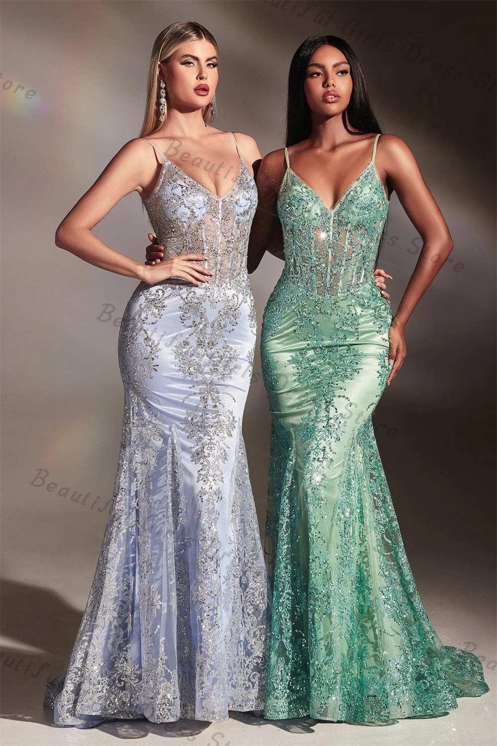 Tulle Spaghetti Straps V-neck Mermaid Evening Dresses Lace Appliques Sleeveless Corset Prom Gown Backless Long Formal Ball Party 241223