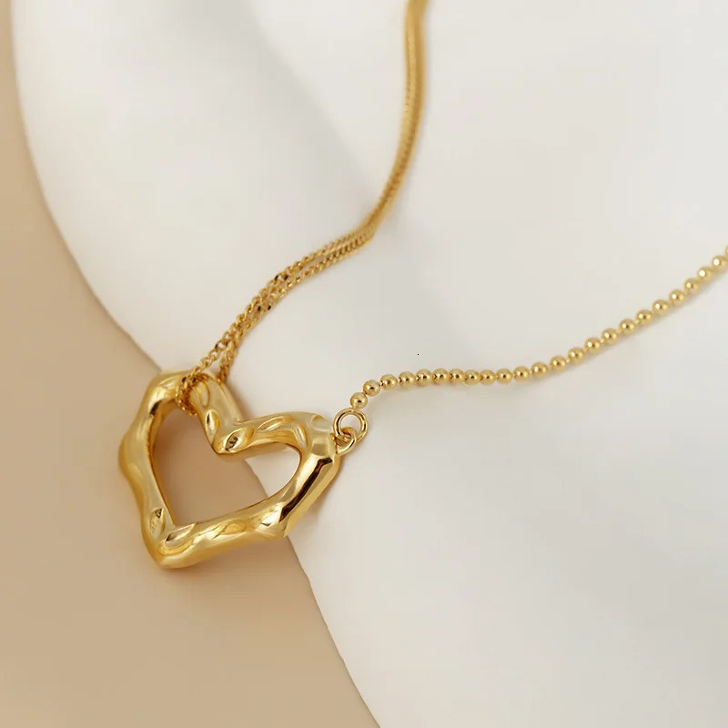 925 silver heart-shaped necklace Korean version gold-plated round bead chain womens niche jewelry 241225