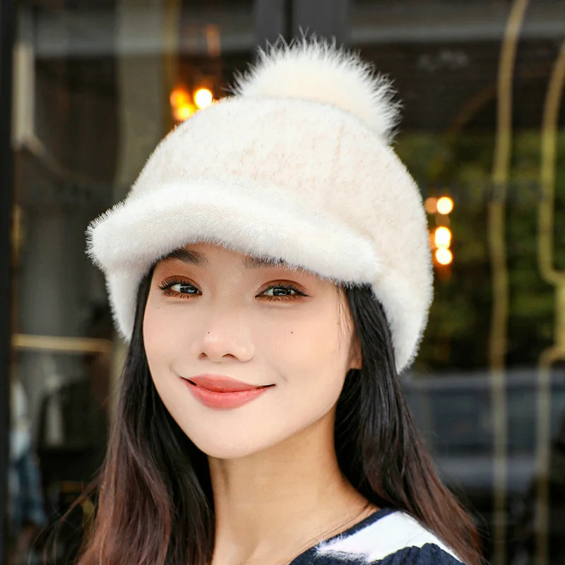 Y2K Fashion Mink Fur Hat Womens Winter Thick Warm Faux Mink Fur Cap Knight Hat Fur Duckbill Hat Baseball Cap Trendy Caps Womens 241225
