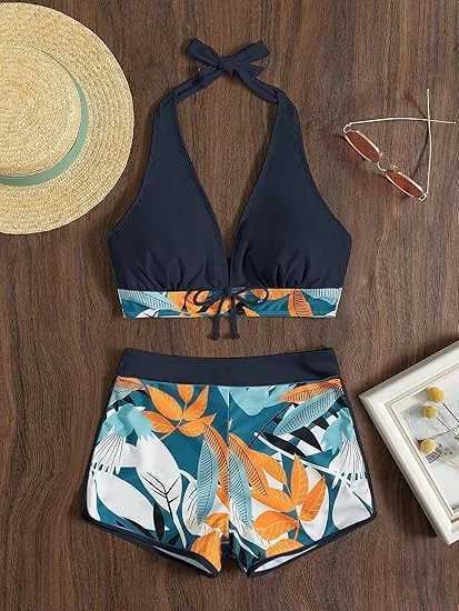 Womens two-piece bikini with printed bottom tie set swimsuit strap triangular swimsuitW241225