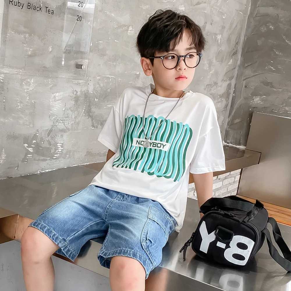 Clothing Sets Summer Children Boys Clothes Set Letter T-shirts and Print Denim Shorts Suit Teenage Fashion Short Sleeve Top Bottom OutfitsY241225CSLN