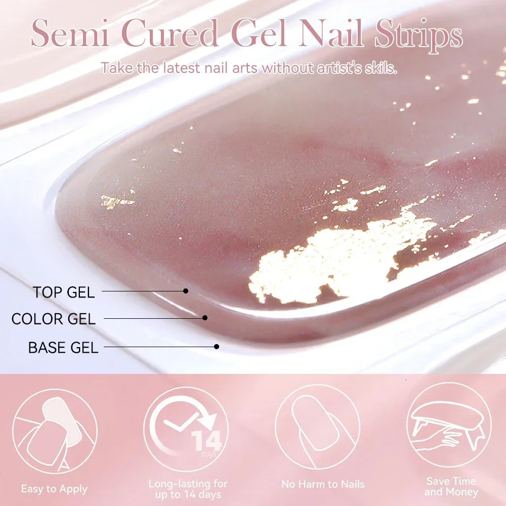 Harunouta 4pcs/set Gradient Jelly Semi Cured Gel Nail Strips with Nail Lamp Nude Pink Waterproof Nail Stickers Long Lasting Wrap 241225