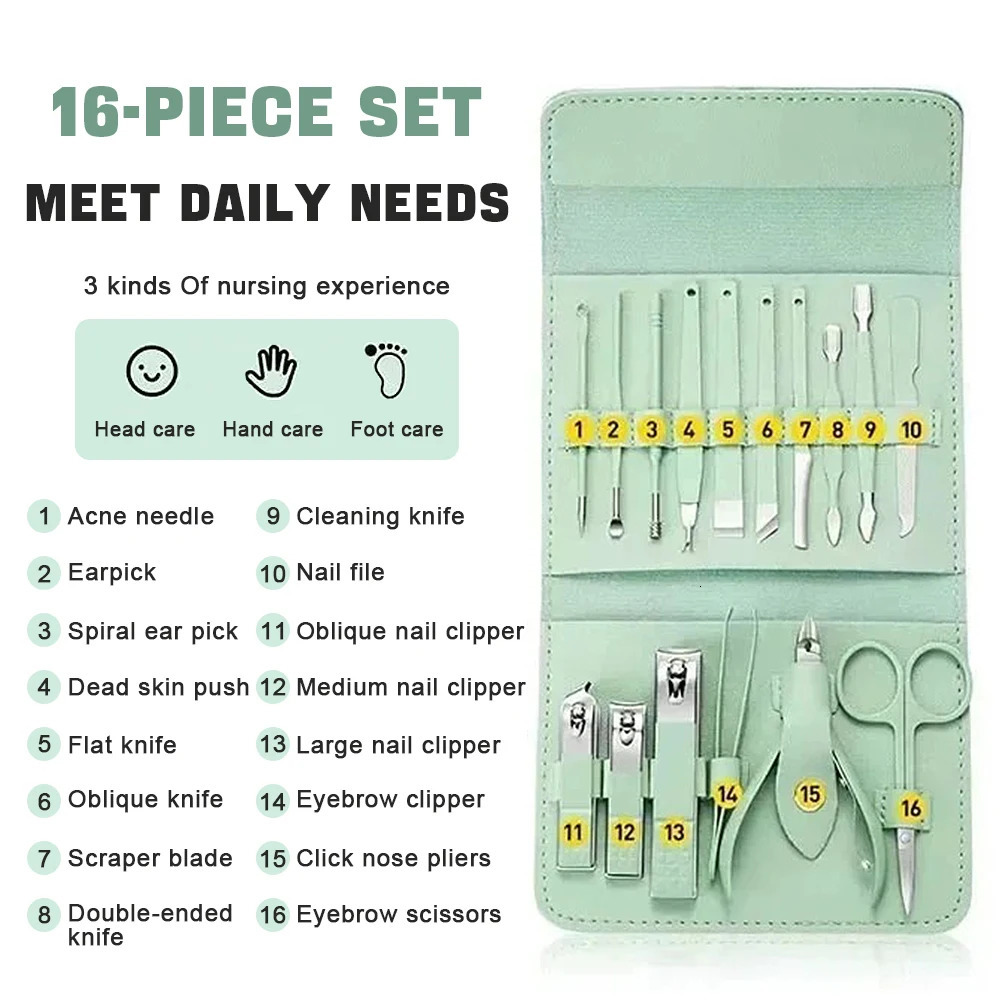16Pcs/set Professional Nail Clippers Set Portable Travel Case Cuticle Nippers Grooming Pedicure Tool Kit for Men Women Manicure 241225