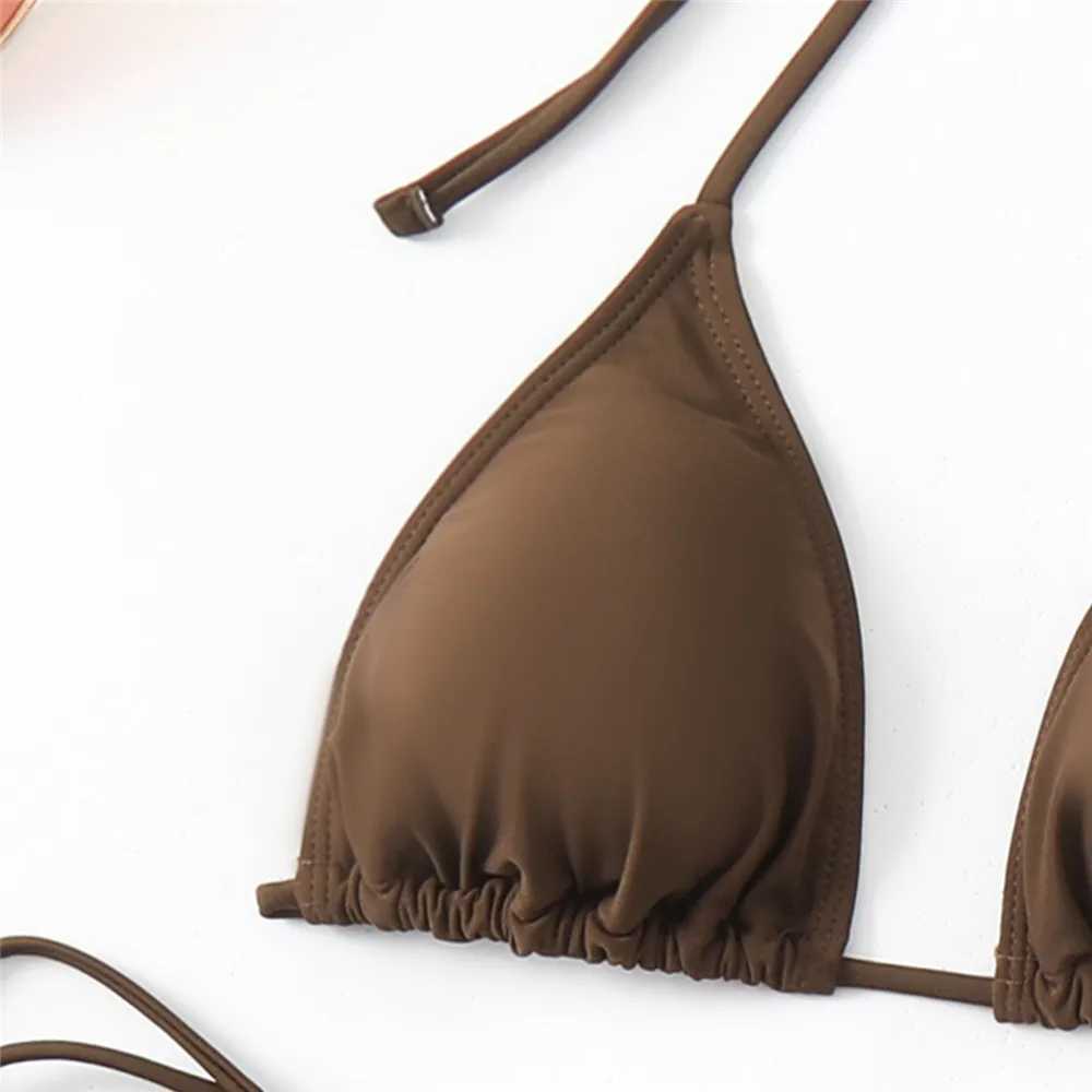 Brown mesh eyemask swimsuit 3-piece bikini set sexy swimsuit womens 2024 suspender triangle mini bikini thong beachwearW241225