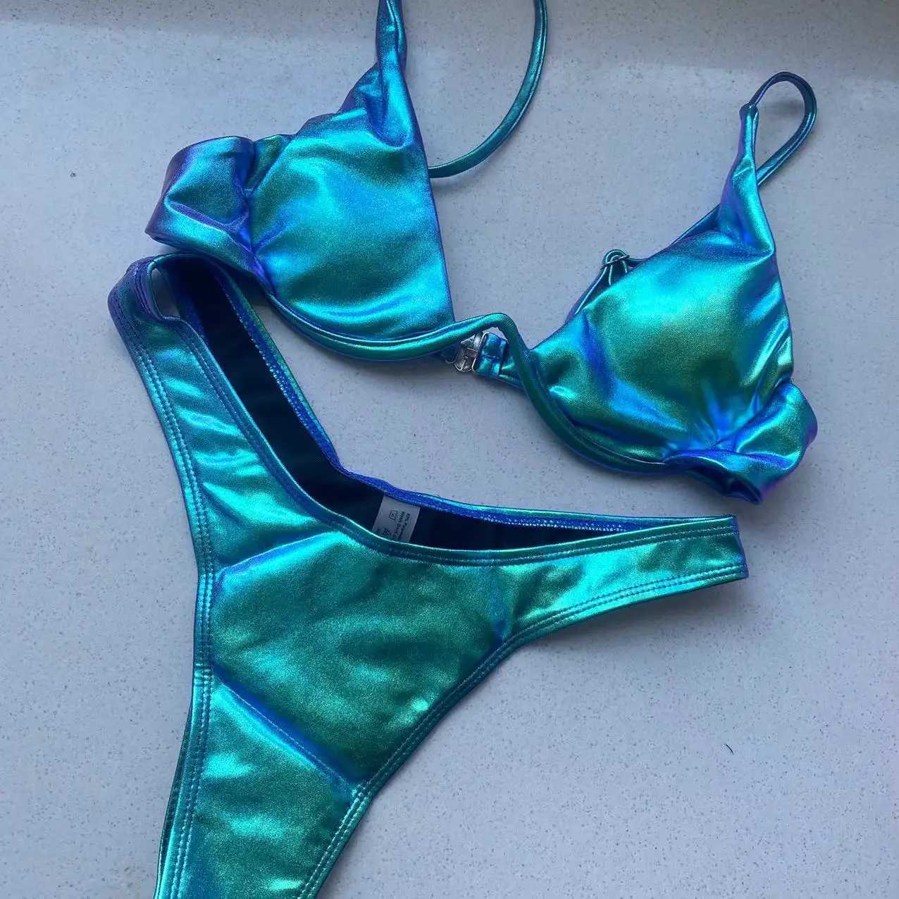 Sexy triangle bikini 2022 holographic blue push up extreme thong swimsuit Brazilian bandage swimsuit mini bikini swimsuitW241225