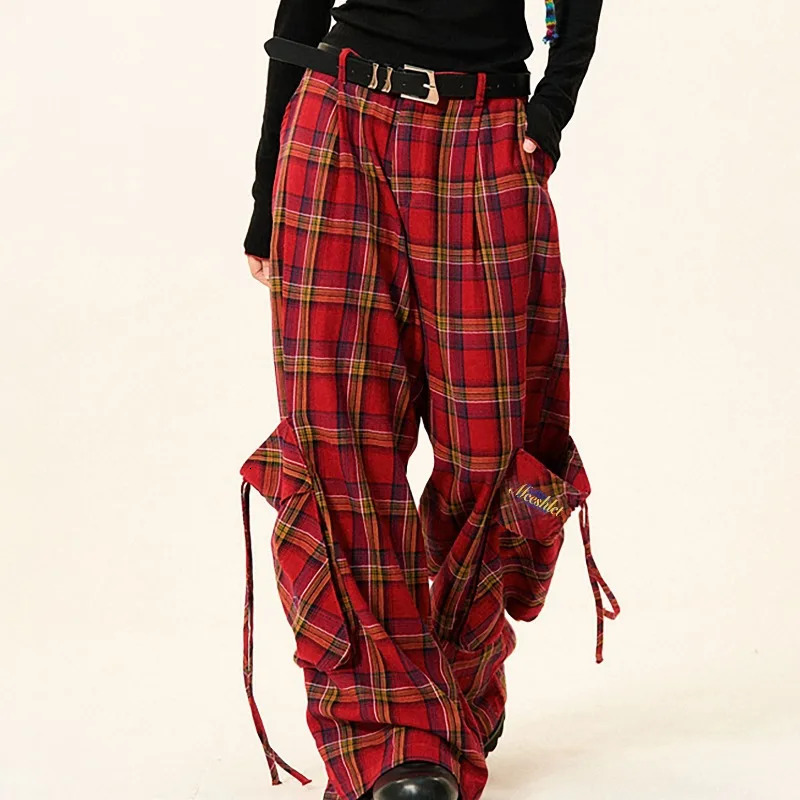 American Red Retro Checkered Korean Style Womens Casual Trend Y2k Autumn Large Pocket Straight Wide Leg Pants Z260314
