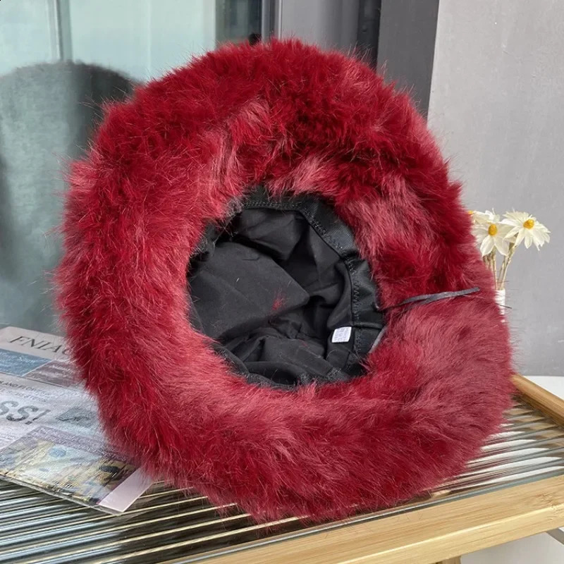 Oversized faux fur bucket hat for winter warm and fluffy fishermans women fashionable party thick basin 241223