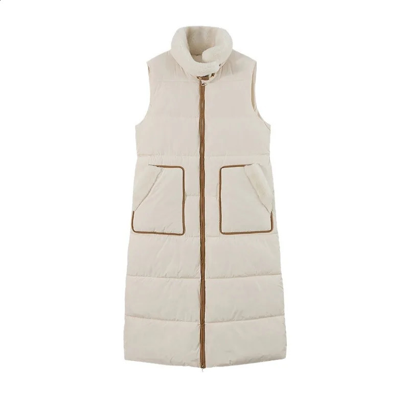 2024 Winter Long Womens Down Cotton Vest Jacket Stylish And HighEnd Plush Stand Collar Cinched Waist Slimmer y241220