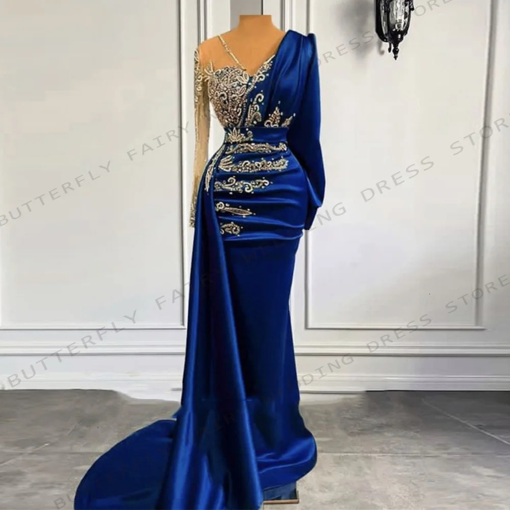 Royal Blue Satin Beads Long Sleeve Evening Dresses Women Elegantly Pair with Detachable V-Neck Dubai Arab Formal Prom Customized 241223