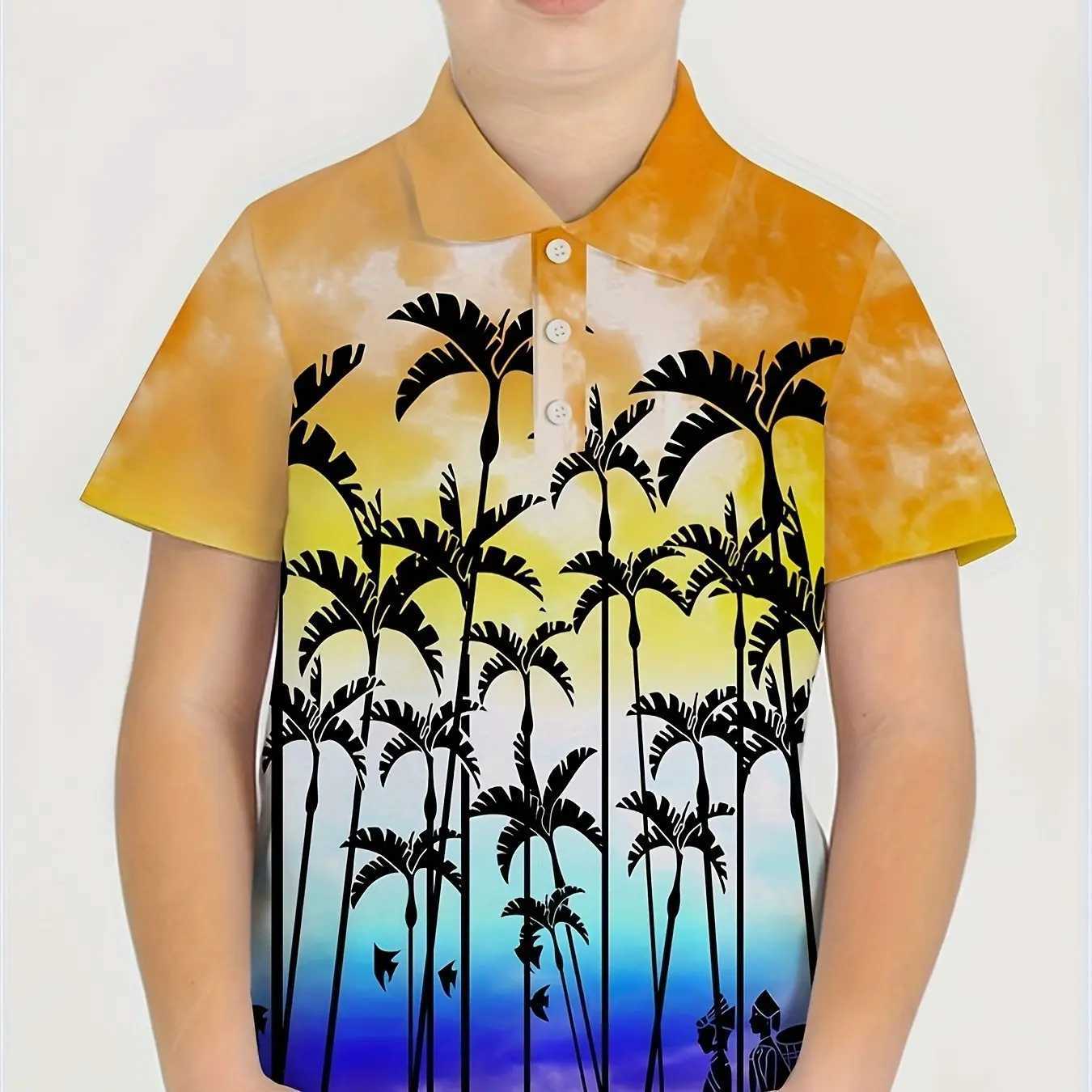 Casual Lapel Polo Shirts Boys For Children Short Sleeve 3d Print Beach Coconut Trees Pattern Versatile Summer Kids Tops ShirtXJ241225