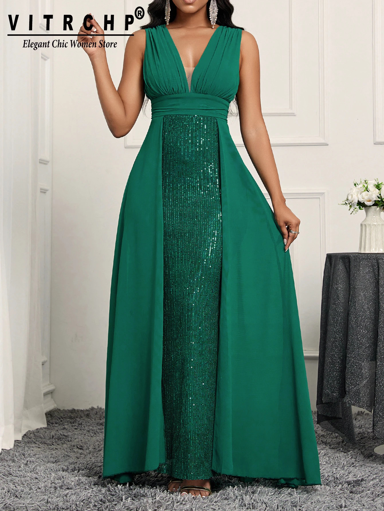 Elegant Green Sequin Dress Women Satin Strap Sleeveless Thigh Split Draped Bodycon Wedding Party Dresses Evening Gown 241223