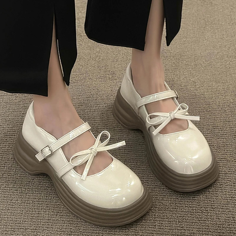 Black Chunky Platform Mary Jane Shoes for Women Autumn Patent Leather Pumps Woman Thick Bottom Bowknot Lolita Shoes Ladies 241225