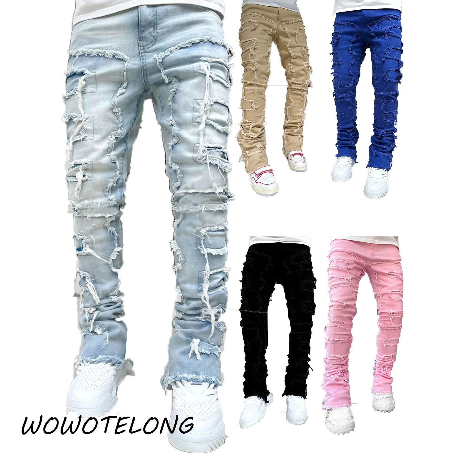 High street white men's stack jeans Stretch patchwork fringe broken denim trousers Men's fashion pants 241231